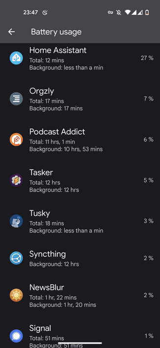 HA app using up 27 percent of my battery while running only a couple of minutes for today.