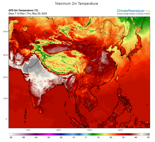 Eine Karte zeigt die für kommende Woche prognostizierten Maximaltemperaturen in Pakistan und Indien. Eine große graue Fläche markiert Temperaturen um die 50 Grad.