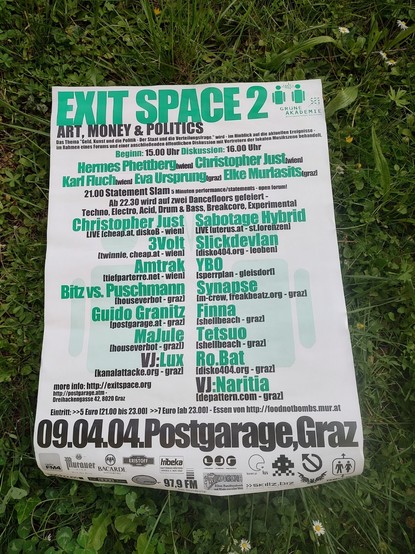 Plakat zum Exit Space 2, Postgarage Graz, 4.4.2004