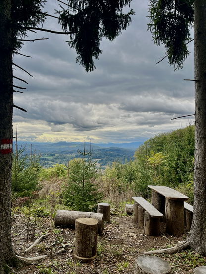 Bergpanorama zwischen 2 Bäumen mit einem Picknicktisch, und mit grünen Hügeln und bewölktem Himmel 