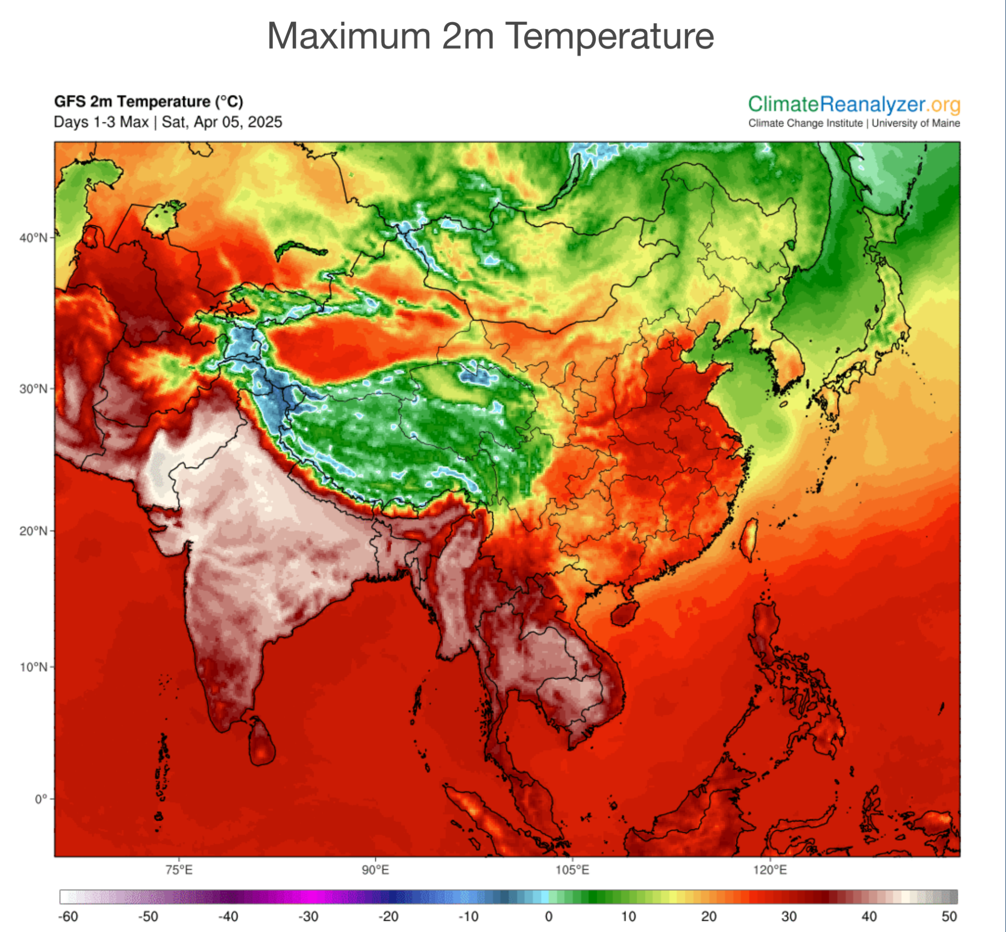 Karte der prognostizierten maximalen Temperaturen in Asien in der Zeit vom 6. bis 8. April. Der Nordwesten Indiens und der Südwesten Pakistans sind bereits grau eingefärbt, was Temperaturen über 40°C bedeutet.