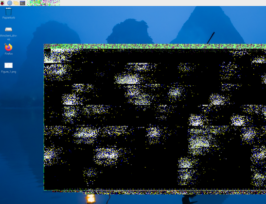 Ein Screenshot des Raspberry Pi Desktops. Ein Programmfenster ist geöffnet das komplett vollständig mit grafischen Artifakten angezeigt wird.