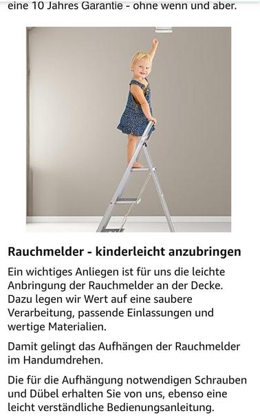 Ausschnitt aus einer Beschreibung eines Rauchmelder Angebots.

Abgebildet ist ein Kleinkind ganz oben auf einer Leiter, die Hand zu einem Rauchmelder an der Decke gestreckt.

Text: "Rauchmelder - kinderleicht anzubringen"