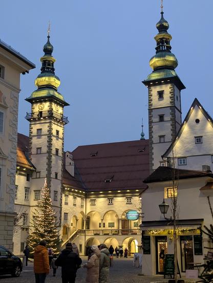 Landhaus Klagenfurt at sundown with beautiful lights on