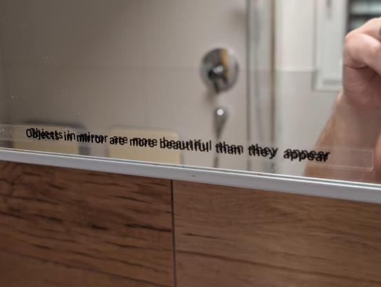 A label on our bathroom mirror that says: "Objects in mirror are more beautiful than they appear"