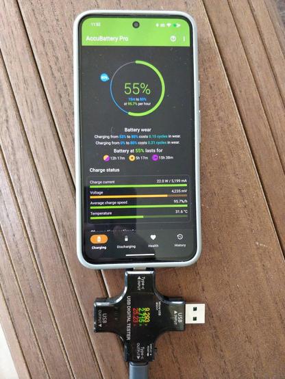 AccuBattery showing 22W charging power whereas the analyzer device shows 25W with different values for V and A.