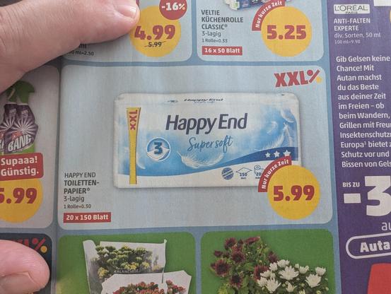 Foto aus dem aktuellen Prospekt vom Penny mit dem Klopapier "Happy End" im Angebot