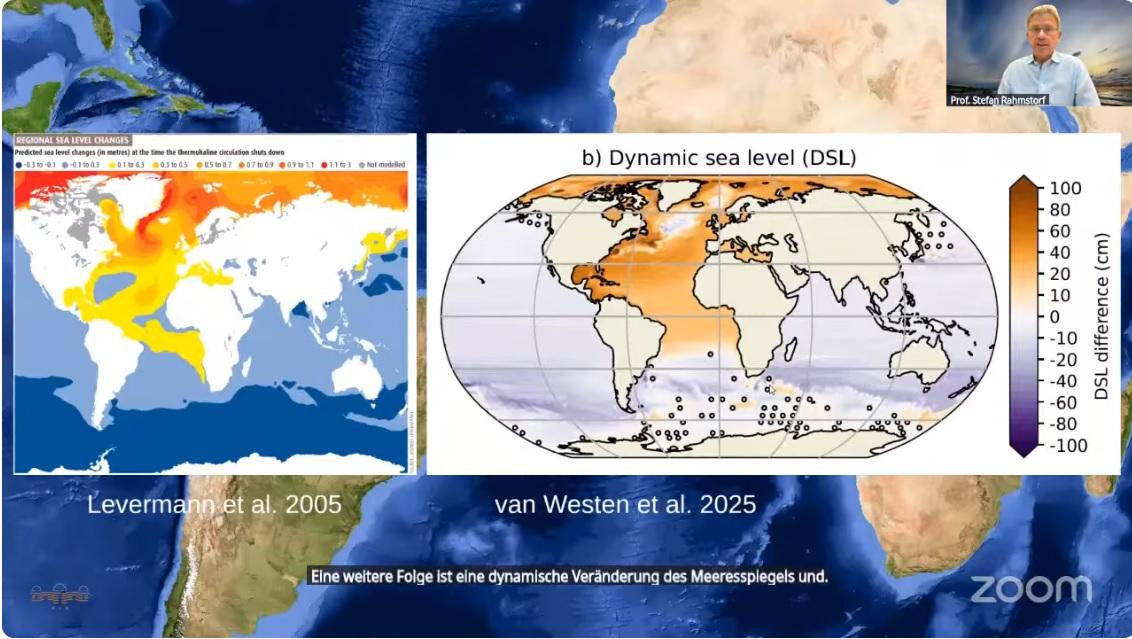 Weltkarte der Meeresspiegeländerung. Im Atlantik und im Nordpolarmeer steigt der Meeresspiegel um bis zu 1 Meter. Im Rest der Welt sinkt er um 20 bis 80 Zentimeter.