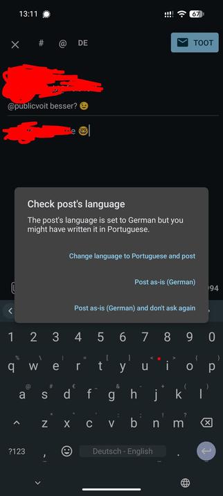 Screenshot from Pachli (Android client) which suggests to switch the posting language to Portuguese. The posting consists of a user reference and the nerdface emoticon only.