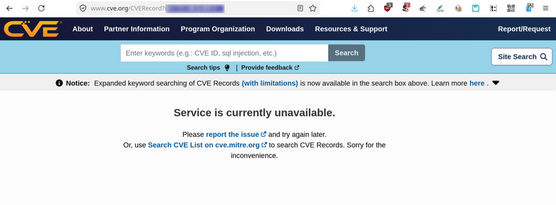Website of https://www.cve.org/ showing an "Service is currently unavailable." message instead of the page content.