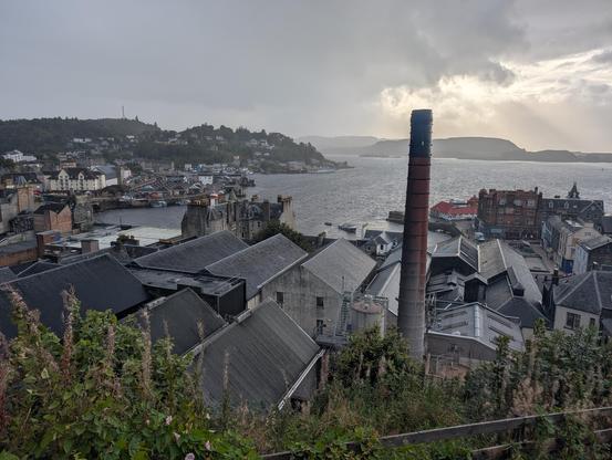 the distillery from top, surrounded by the village of Oban. The distillery is the second oldest building here besides the Oban Inn pub