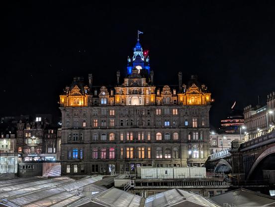 colorful lit building by night