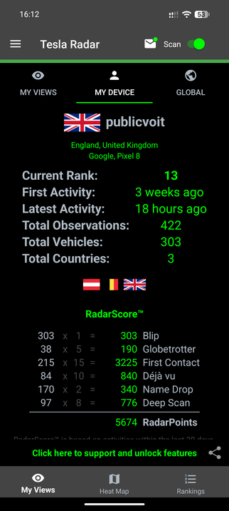 Screenshot of the app showing my user statistics