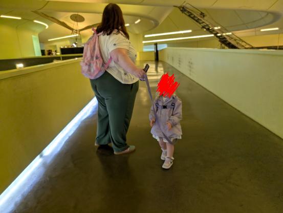 a US mother with a small kid on a leash in a museum